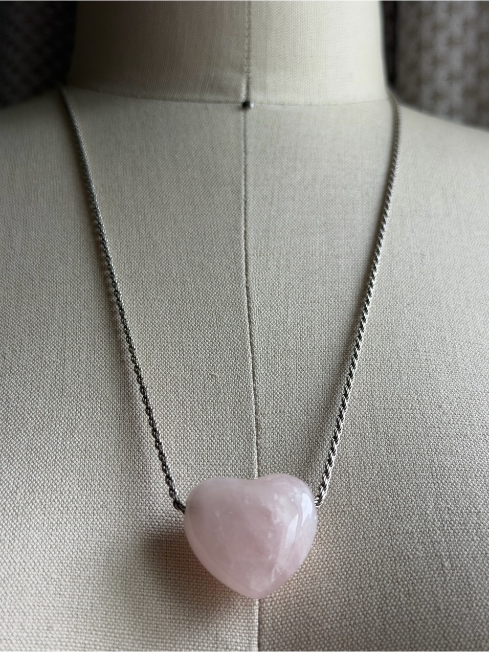 Rose Quartz Heart Floating Necklace in Soft Pink on 925 Sterling Silver Chain